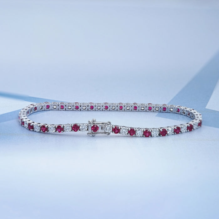 Ruby Round Gemstone And Lab Diamond Tennis Bracelet