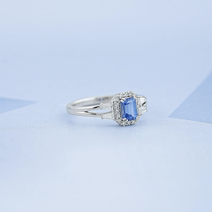 Light Blue Emerald Cut Sapphire And Lab Diamond Halo Split Shank Ring