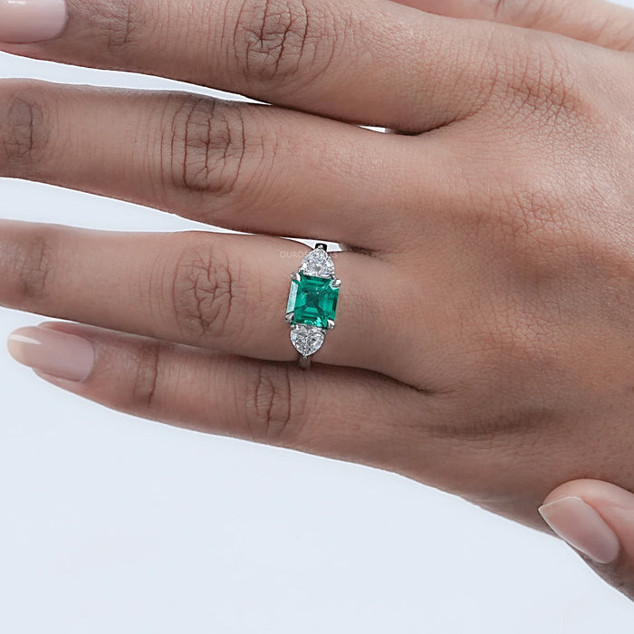 Green Asscher Gemstone Three Stone Engagement Ring