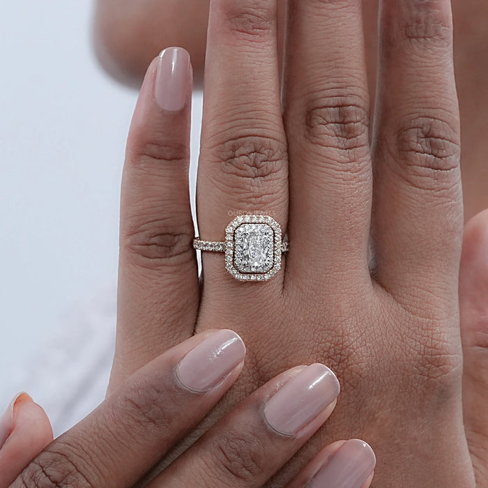 radiant cut lab diamond double halo engagement ring on model's finger