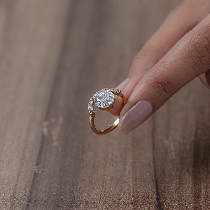 Crescent Halo Round Cut Lab Diamond Engagement Ring