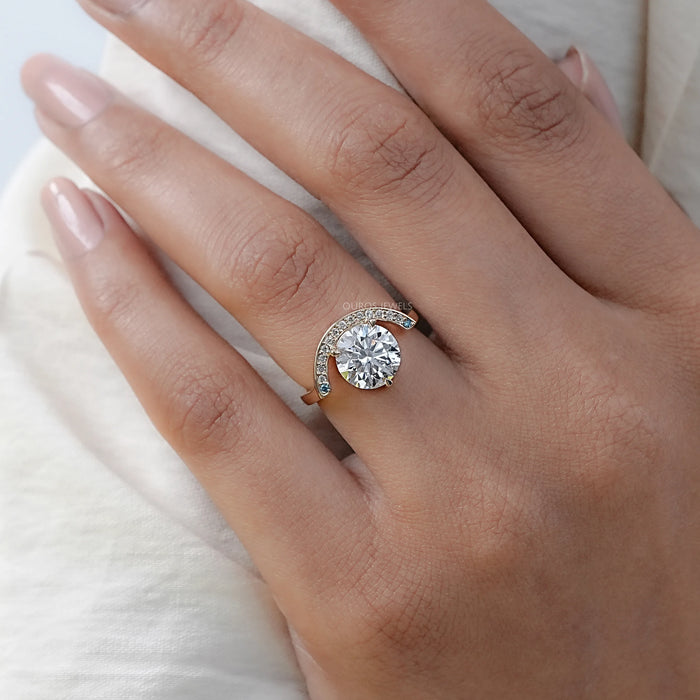 Crescent Halo Round Cut Lab Diamond Engagement Ring