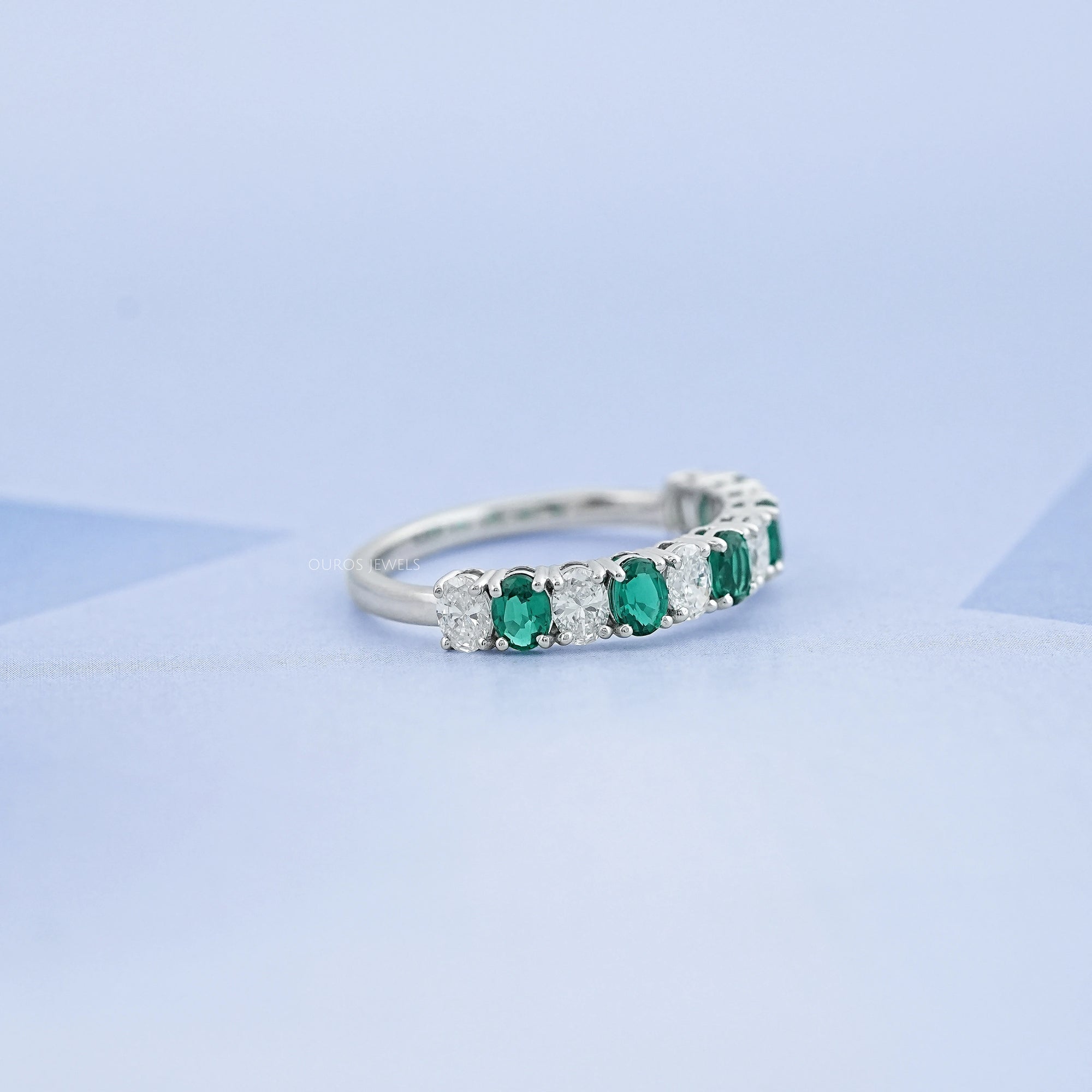 Green Oval Gemstone Half Eternity Wedding Band Rings