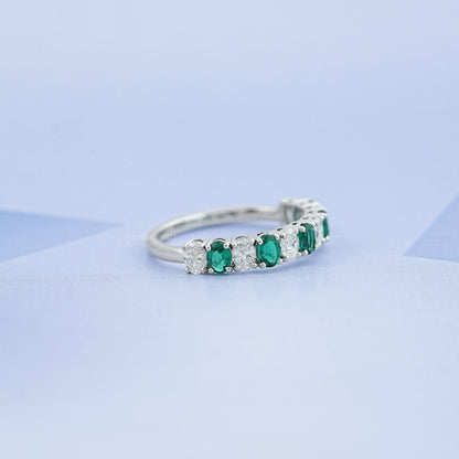 Green Oval Gemstone Half Eternity Wedding Band Rings