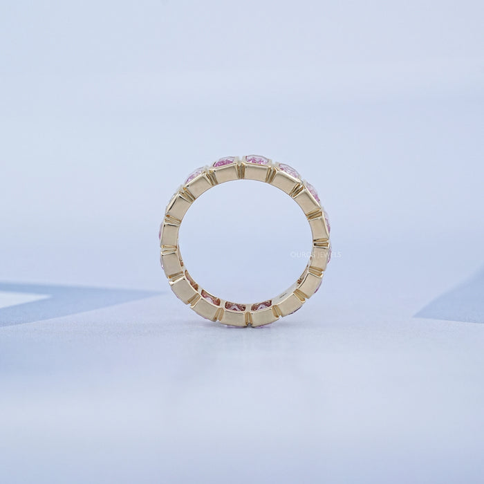 Pink Emerald Cut Sapphire With Lab Diamond Bezel Set Eternity Band