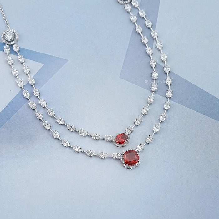 Double Layer Bridal Necklace with Cushion Cut Ruby and Lab Diamond Halo