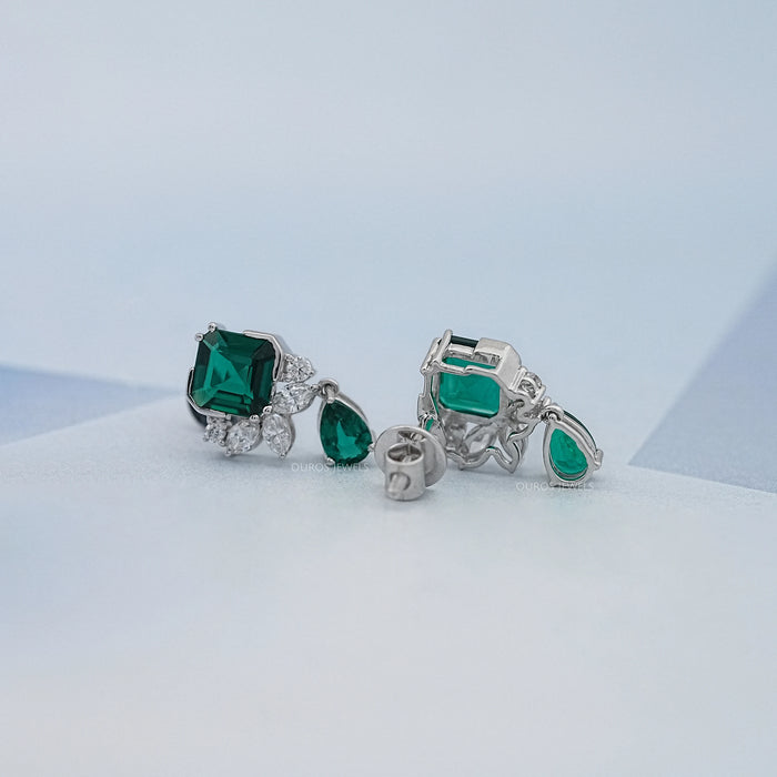 Green Asscher Gemstone And Marquise Diamond Drop Earrings