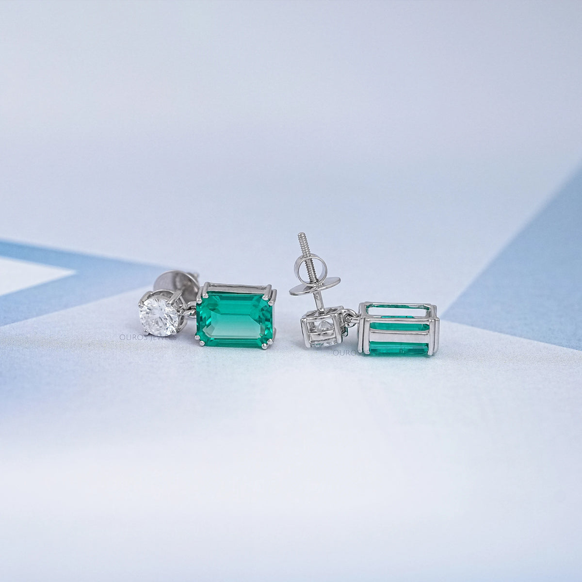 Two Stone Green Emerald And Round Diamond Drop Earrings