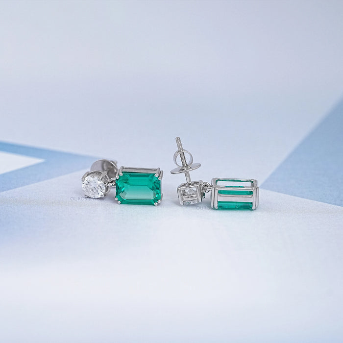 Two Stone Green Emerald And Round Diamond Drop Earrings