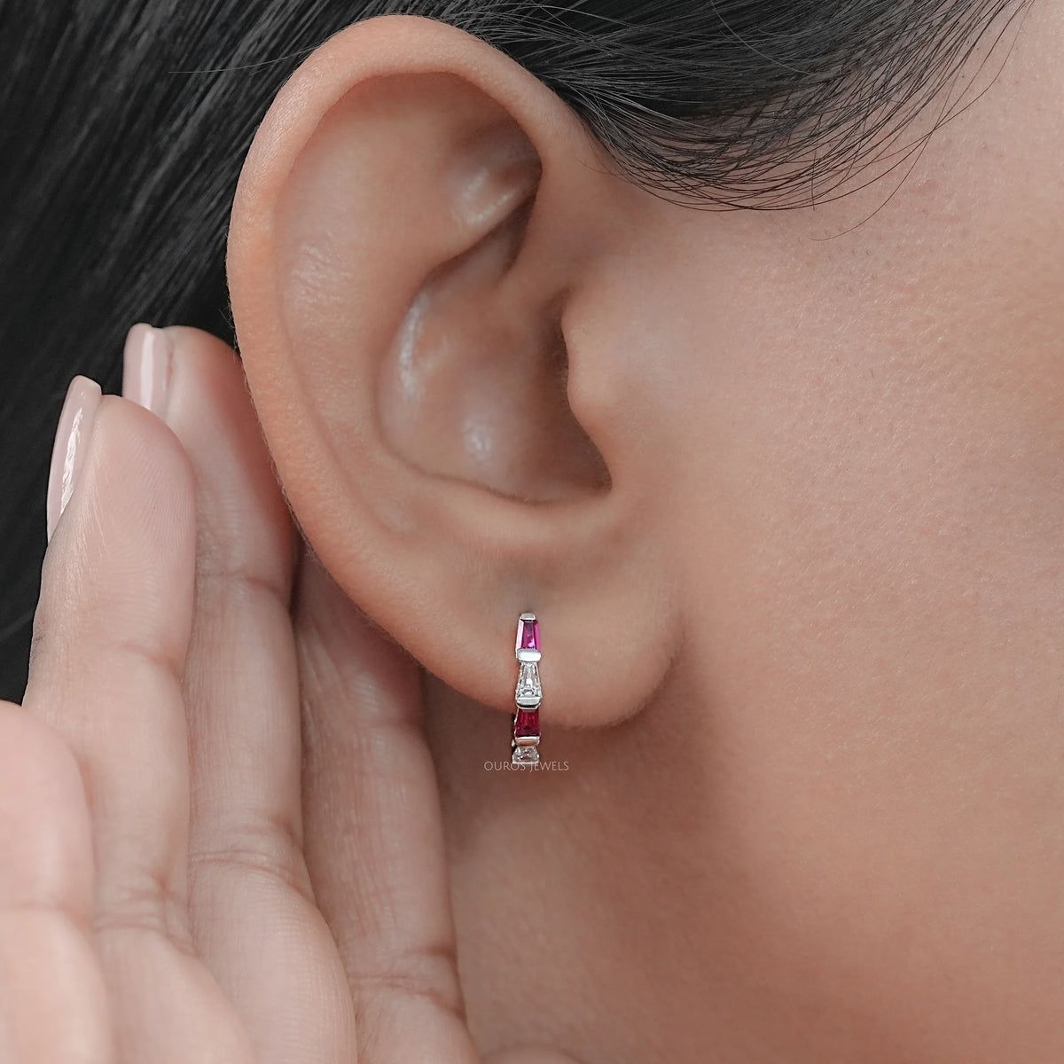 Ruby Tapered Baguette And Lab Diamond Hoop Earrings Earrings