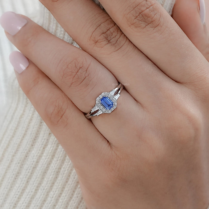Light Blue Emerald Cut Sapphire And Lab Diamond Halo Split Shank Ring