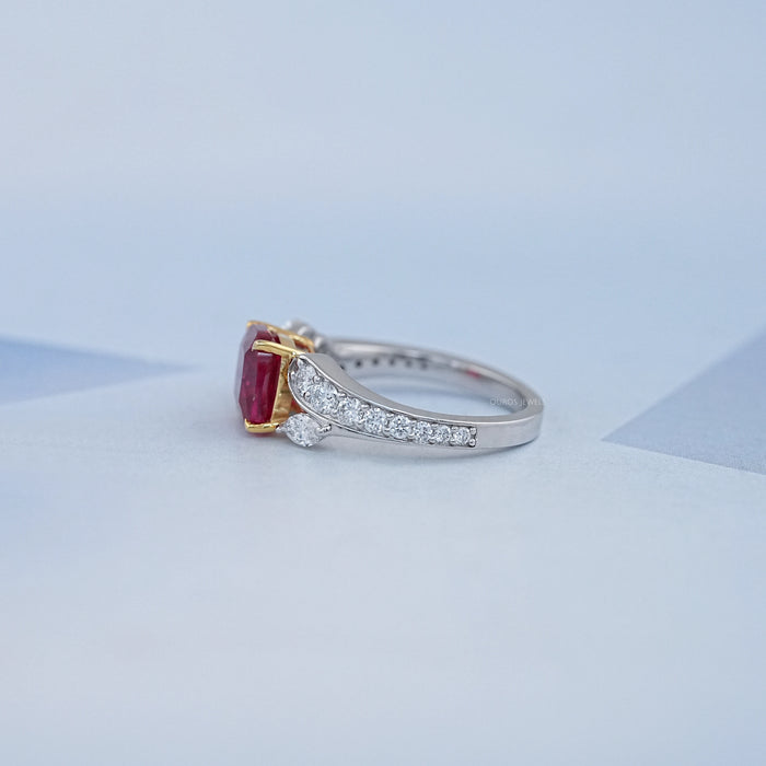 Ruby Cushion Gemstone And Lab Diamond Split Shank Ring
