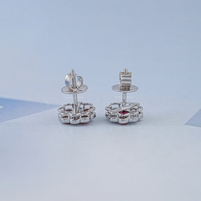 Ruby Round And Lab Diamond Bezel Set Floral Stud Earrings