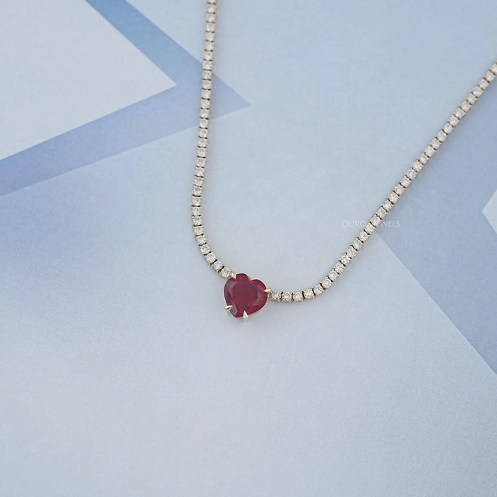Heart Cut Ruby Gemstone And Round Lab Diamond Tennis Necklace 