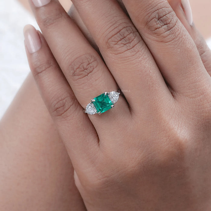 Green Asscher Gemstone Three Stone Engagement Ring