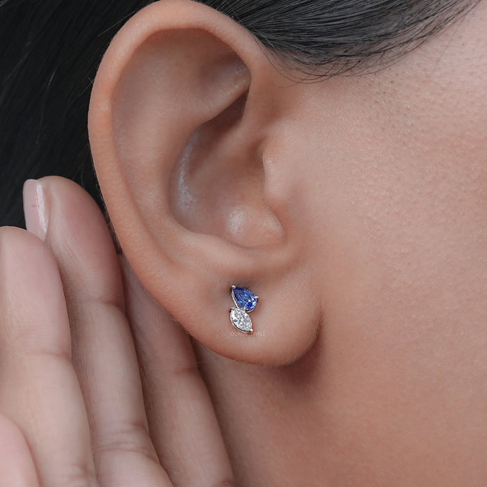 Two Stone Sapphire Pear And Marquise Diamond Stud Earrings