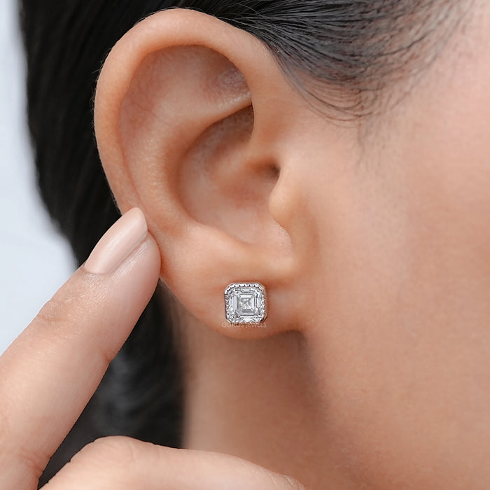 Milgrain Set Asscher Lab Diamond Stud Earrings