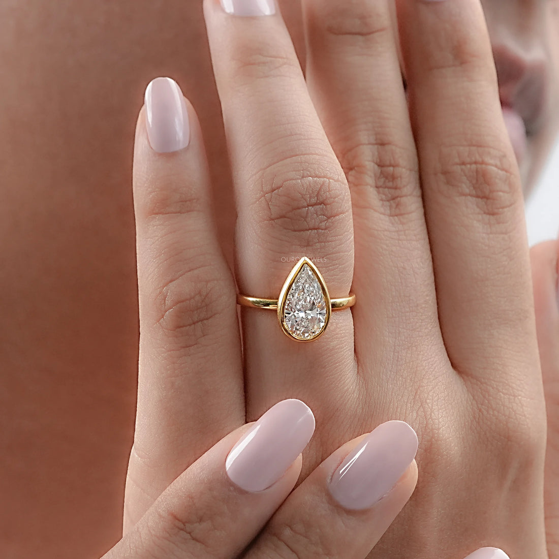 Bezel Set Pear Cut Lab Solitaire Ring Rings