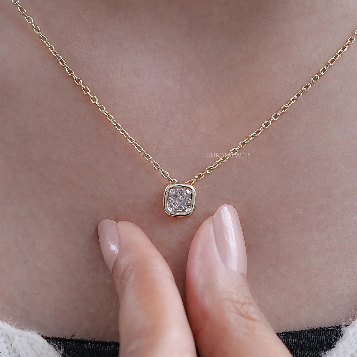 Square Cushion Diamond Bezel Set Solitaire Pendant Necklaces
