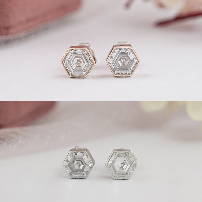 Bezel Set Hexagon Diamond Stud Earrings