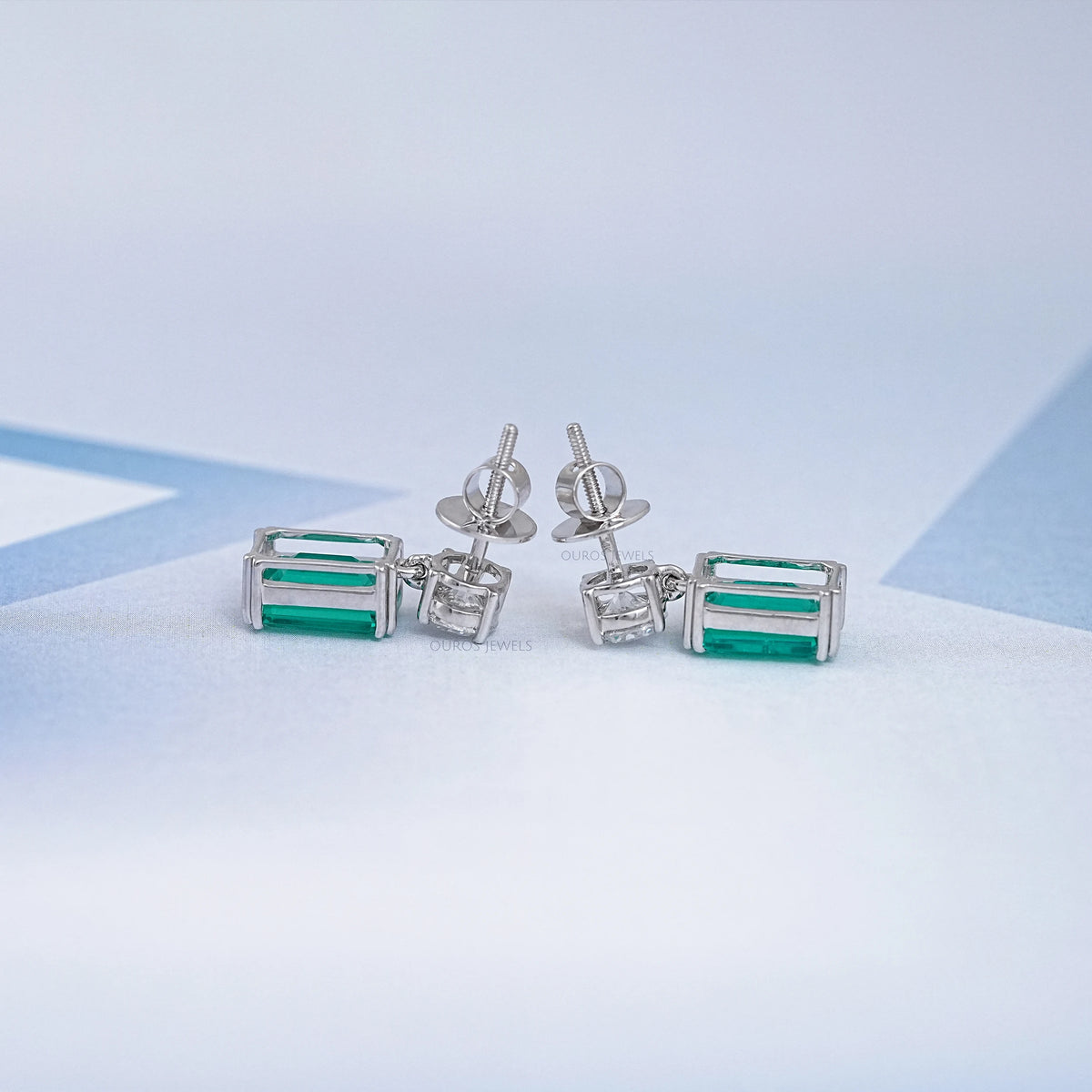 Two Stone Green Emerald And Round Diamond Drop Earrings
