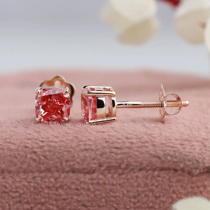 Fancy Pink Cushion Cut Diamond Stud Earrings