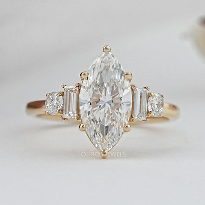 Five Stone Marquise And Baguette Diamond Engagement Ring Rings