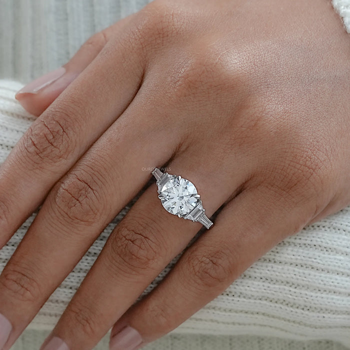 Round And Trapezoid Lab Diamond Five Stone Engagement Ring