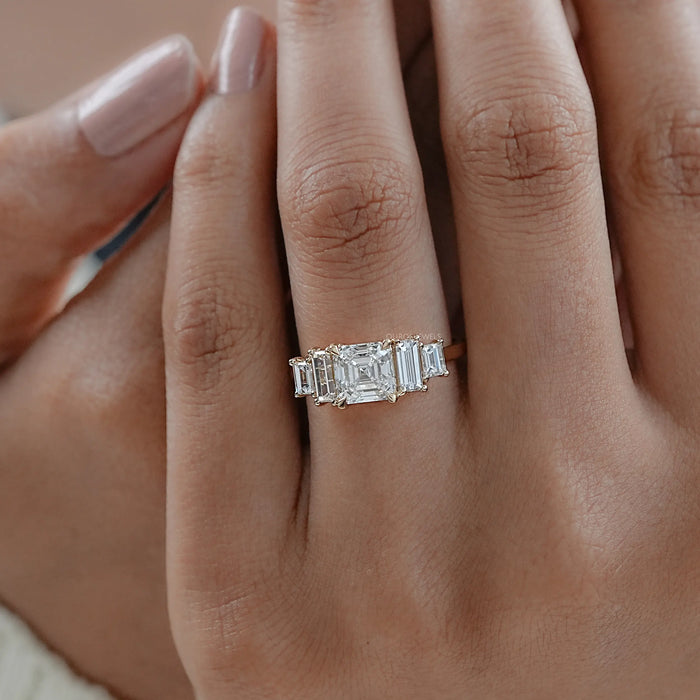 Asscher And Baguette Diamond Five Stone Engagement Ring