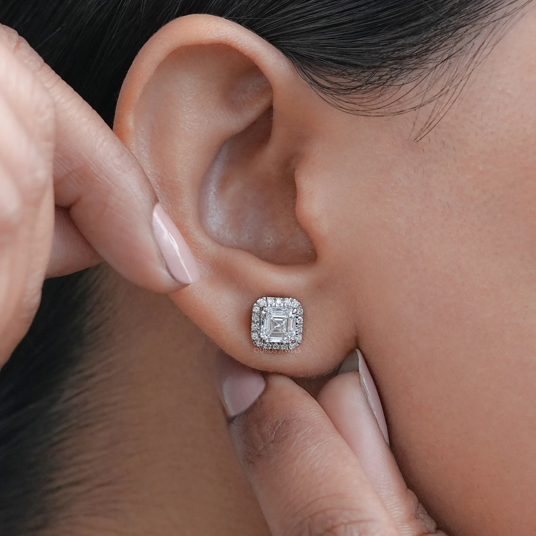 Asscher Lab Diamond Halo Stud Earrings Earring