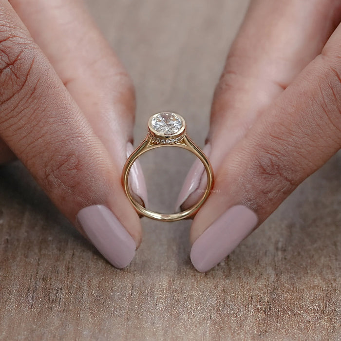 Oval Cut Lab Diamond Bezel Hidden Halo Engagement Ring