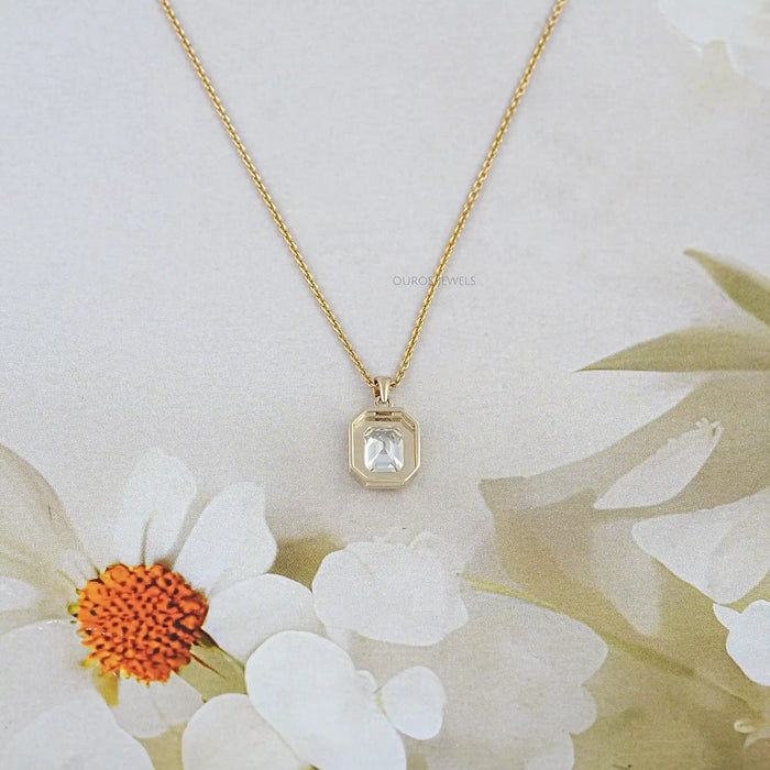 Bezel Set Solitaire Old Mine Emerald Cut Lab Diamond Necklace
