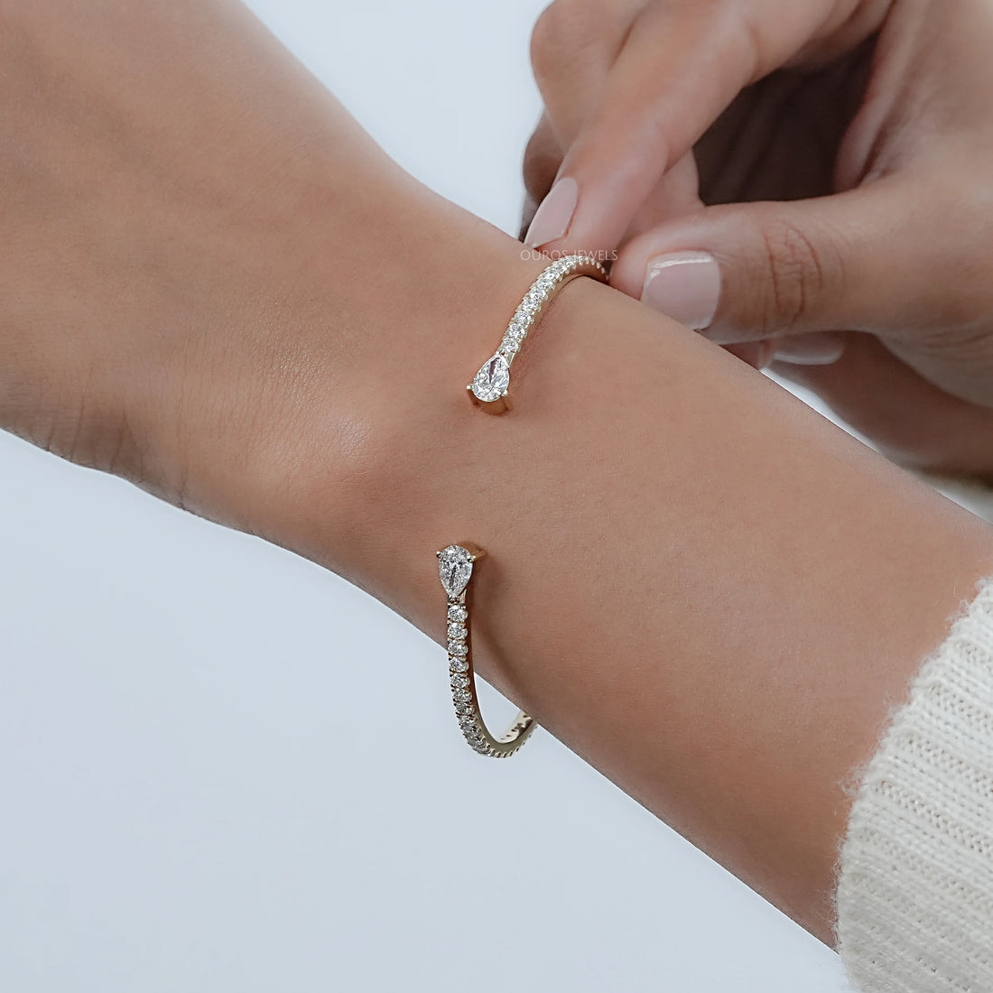 Pear and Round Lab Grown Diamond Open Cuff Bangle Bracelet