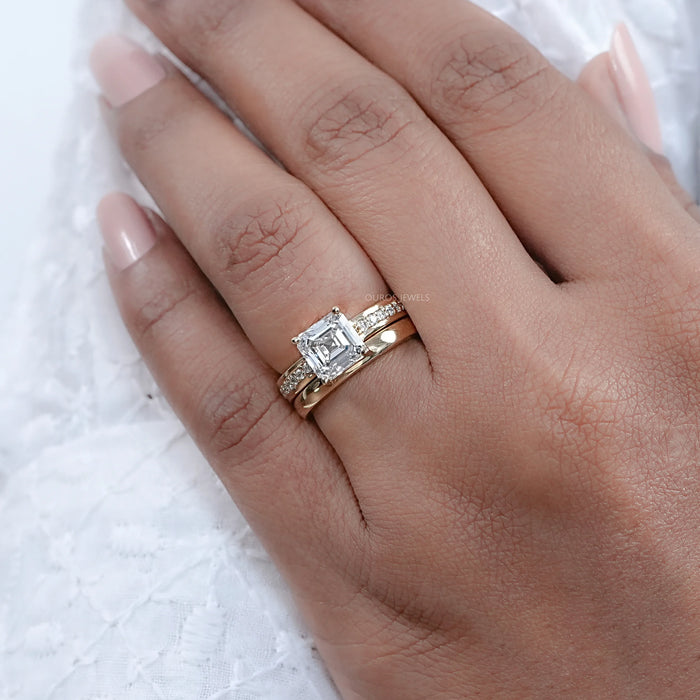 Asscher Cut Diamond Solitaire Accent With Plain Wedding Band