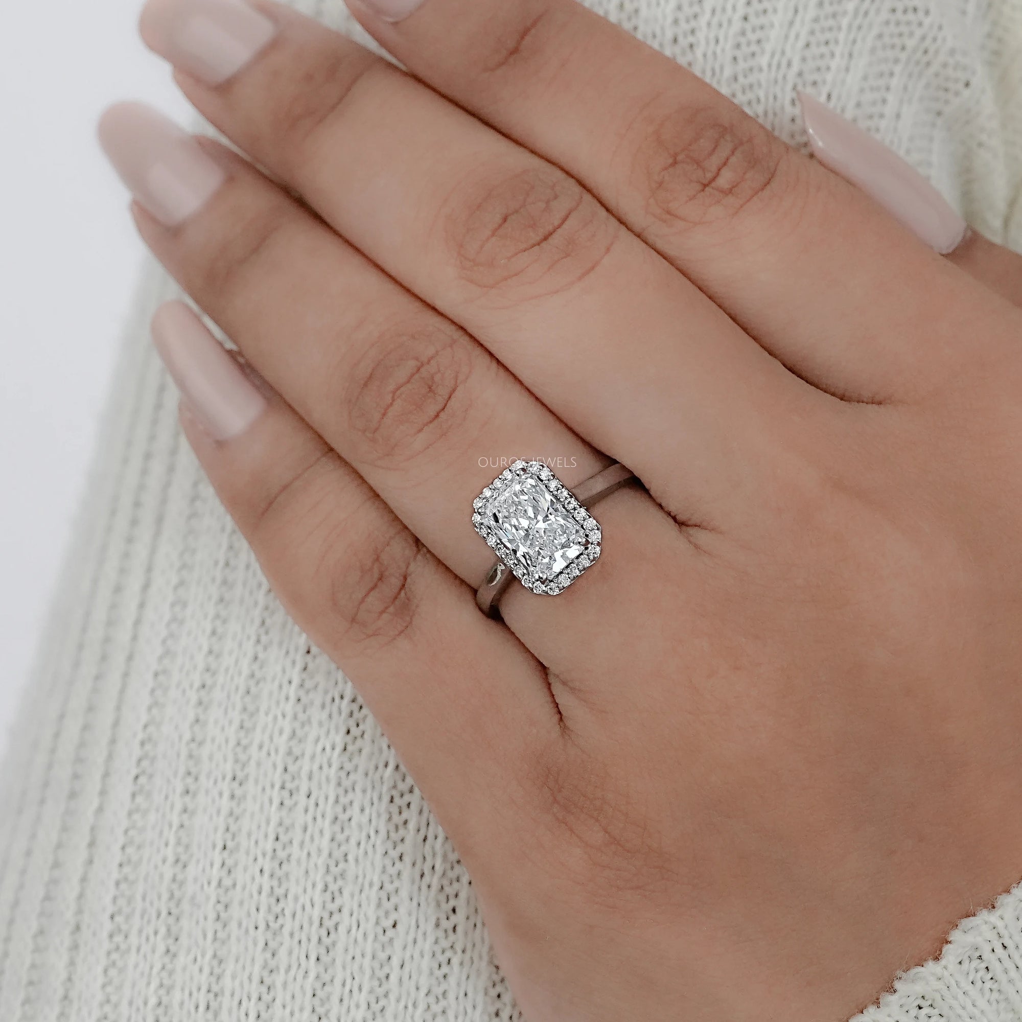Radiant Lab Diamond Solitaire Halo Engagement Ring Rings