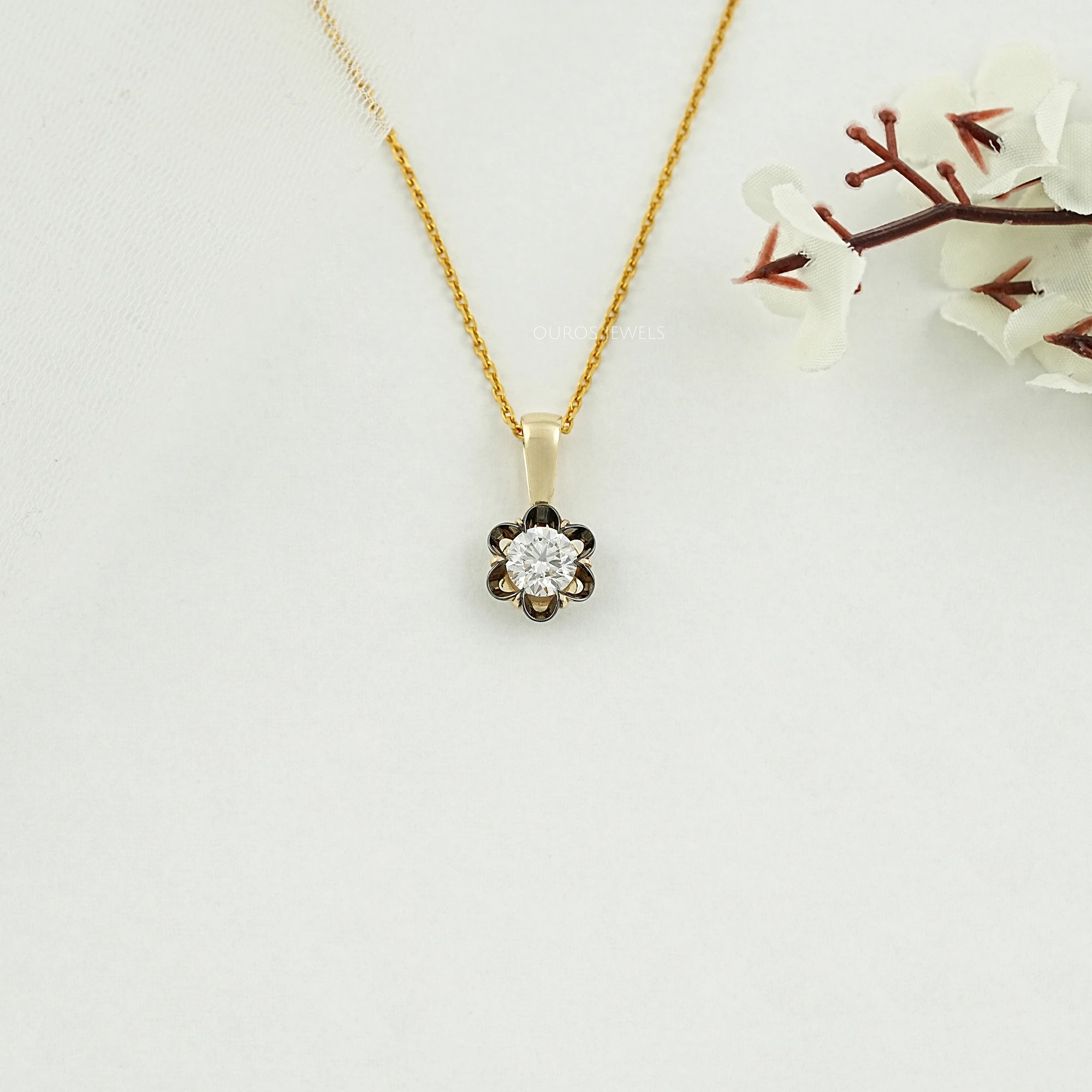 Round Lab Diamond Black Coated Flower Pendant