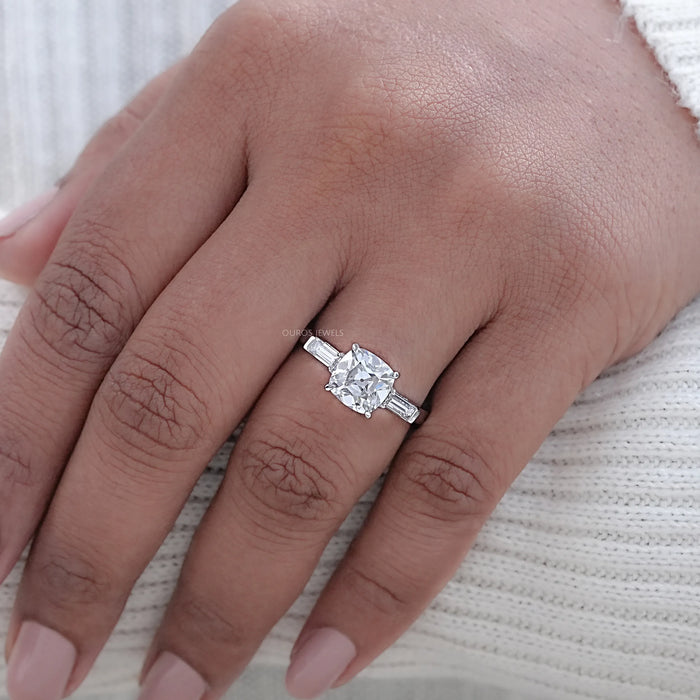 Square Old Mine Cushion Cut Lab Diamond Three Stone Ring