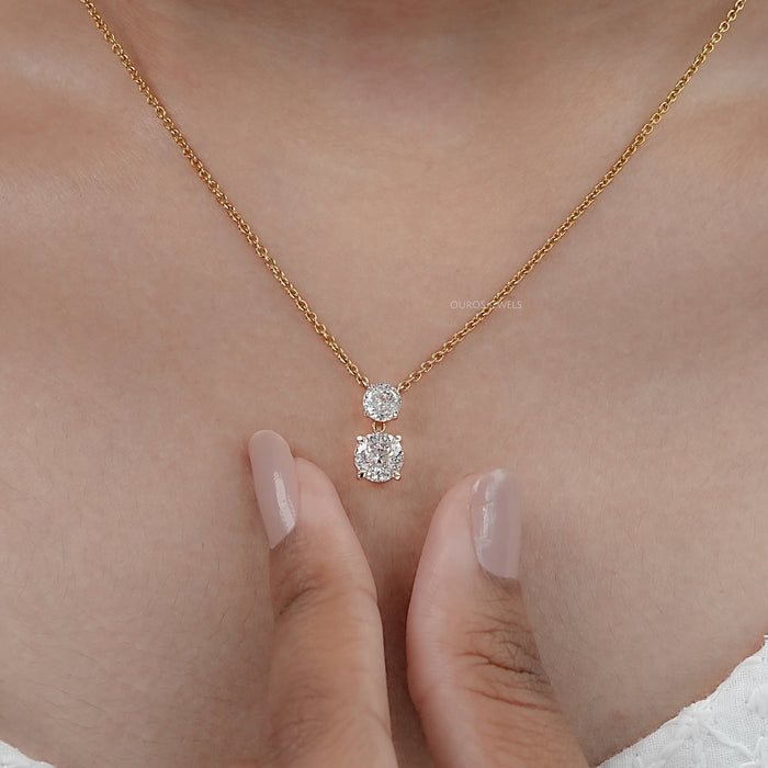 Two Stone Prong Set Round Portuguese Cut Lab Diamond Pendant 