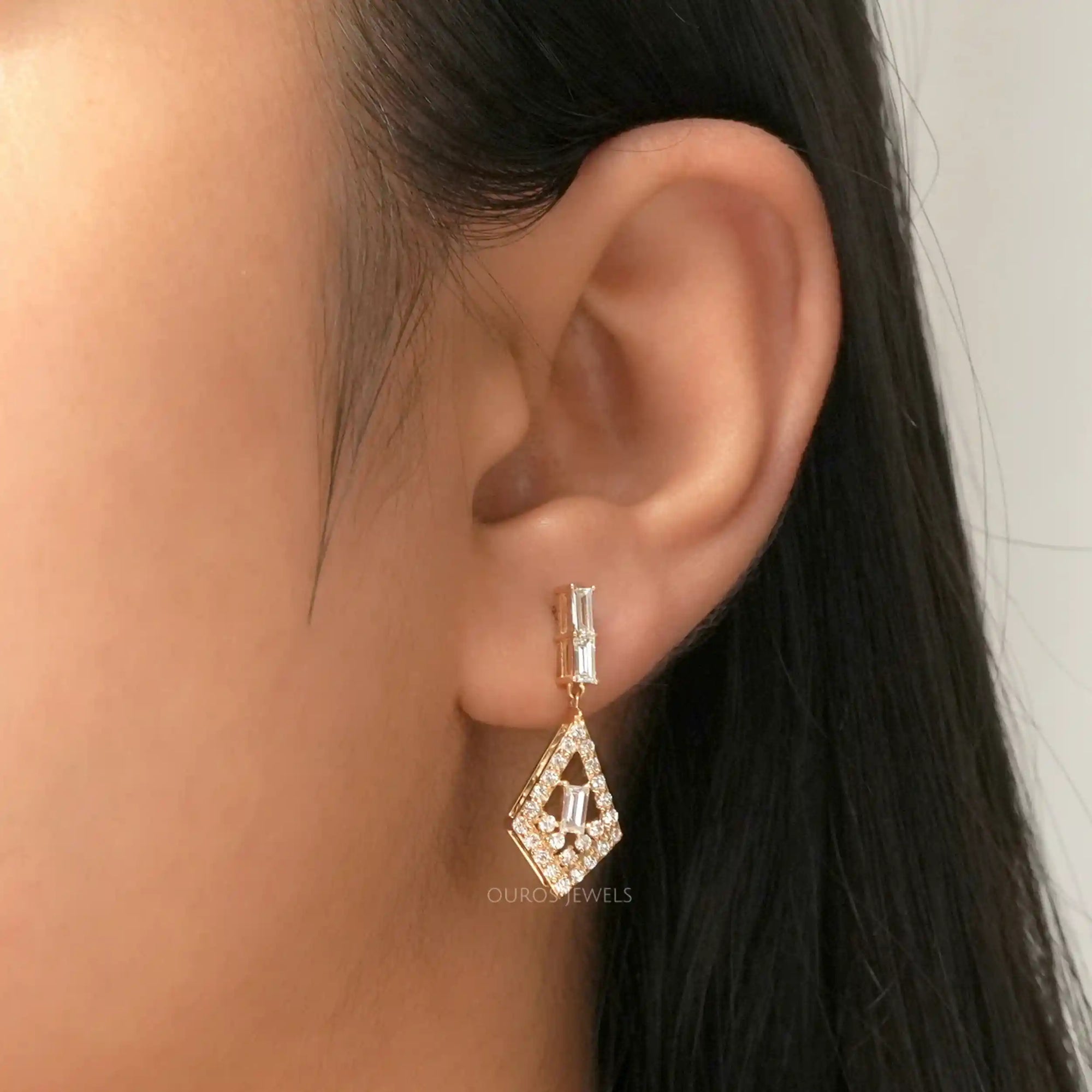 Baguette Cut & Round Halo Lab Grown Diamond Drop Earrings