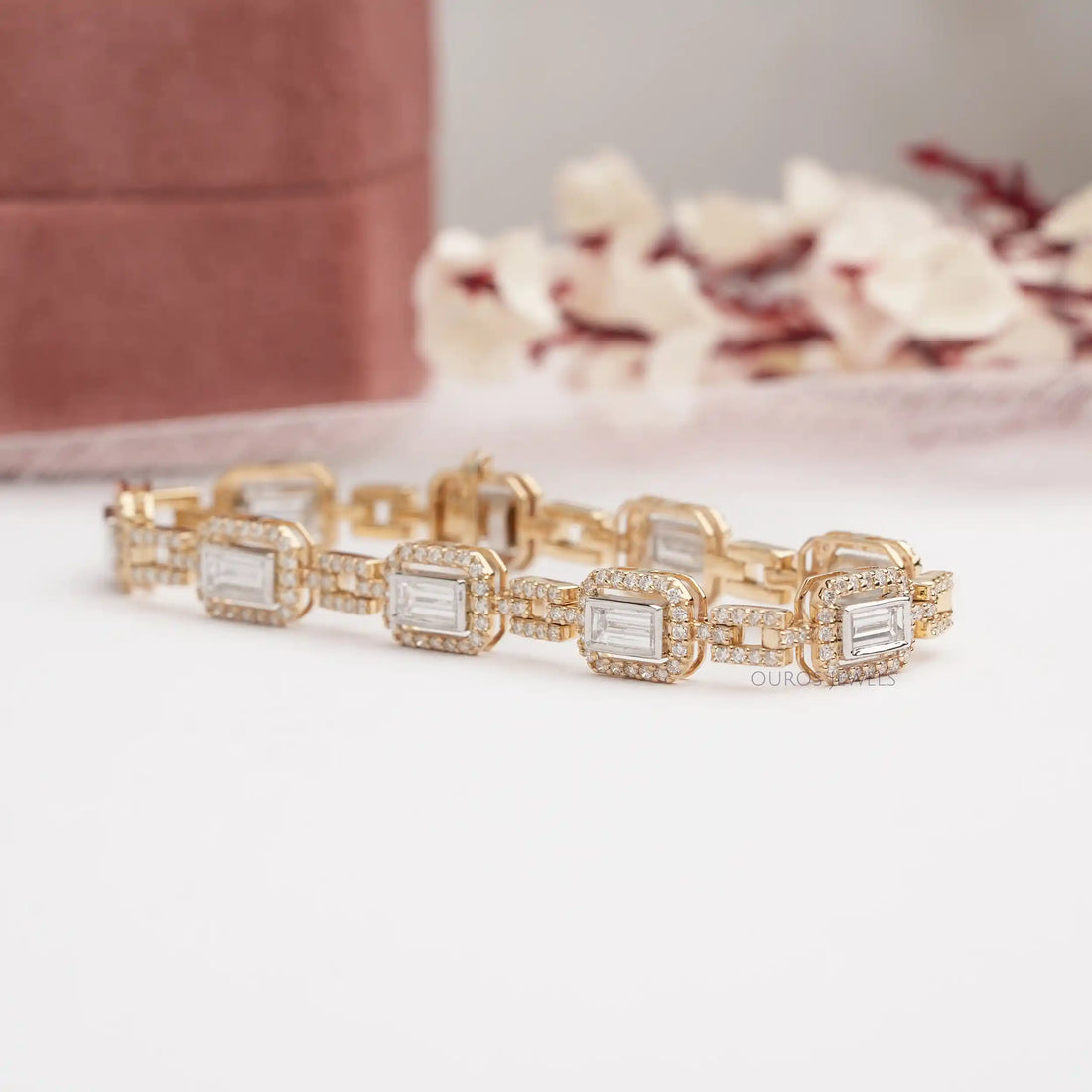Baguette Cut Lab Grown Diamond Halo Tennis Bracelet Bracelet