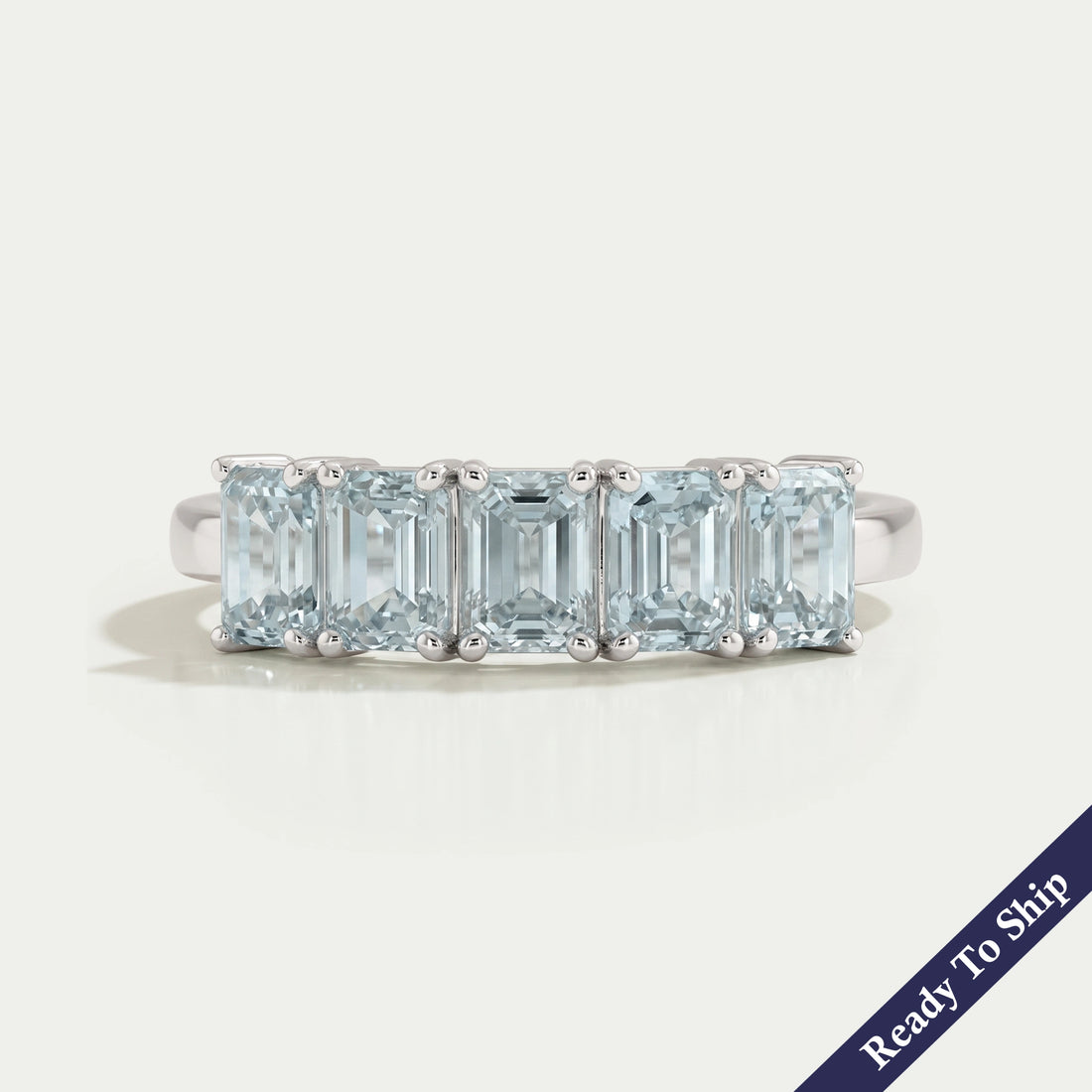 Five Stone Light Blue Emerald Cut Wedding Ring