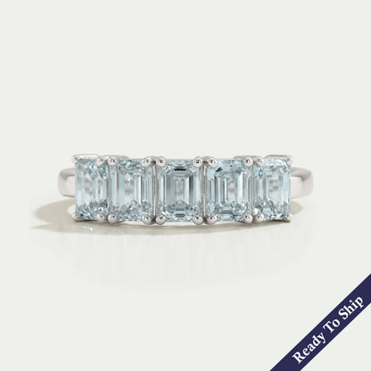 Five Stone Light Blue Emerald Cut Wedding Ring