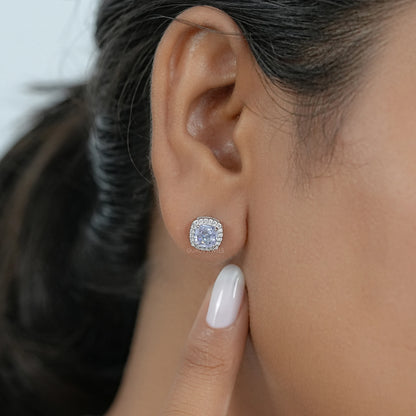Blue Oval Sapphire Gemstone With Lab Diamond Halo Earring 