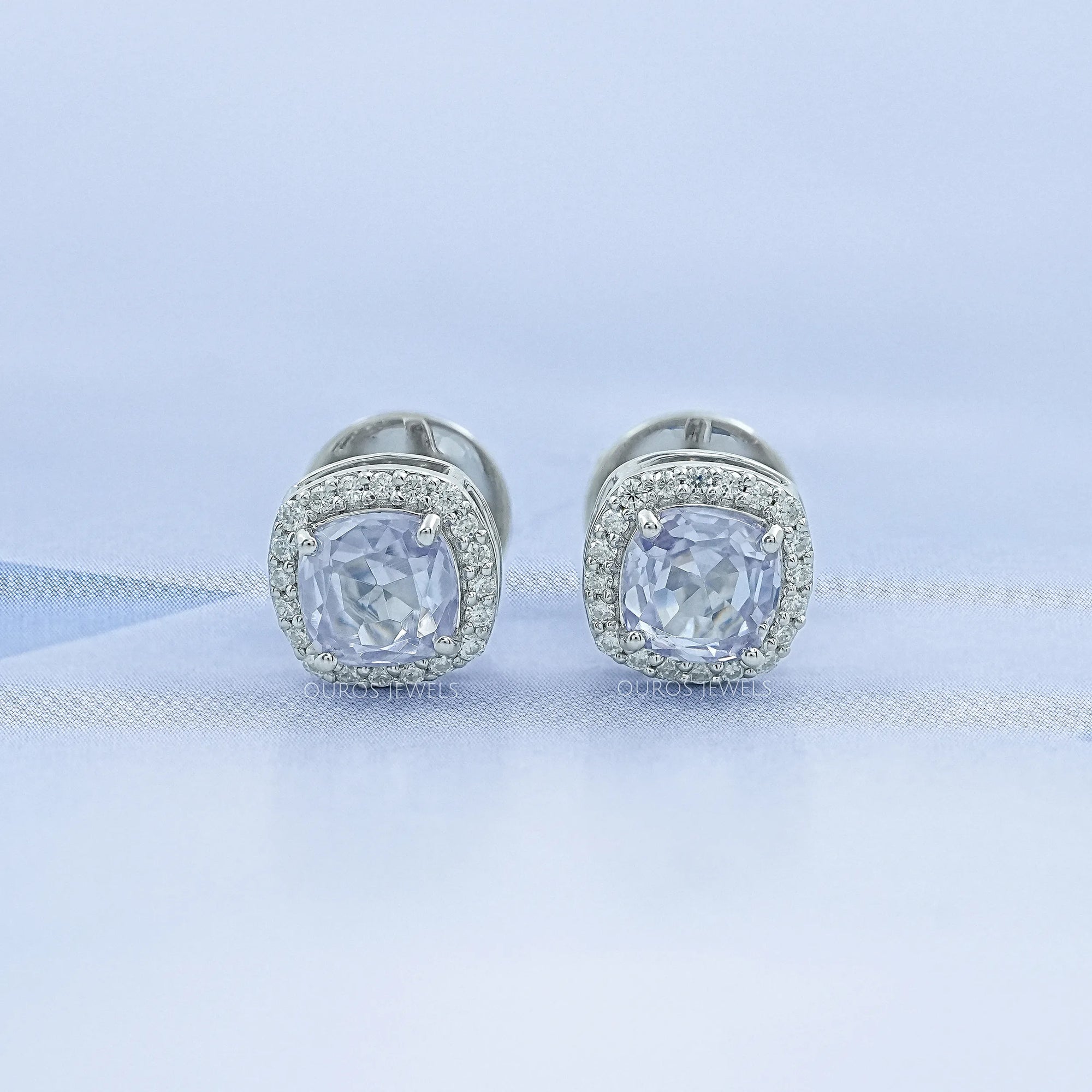 Blue Oval Sapphire Gemstone With Lab Diamond Halo Earring 