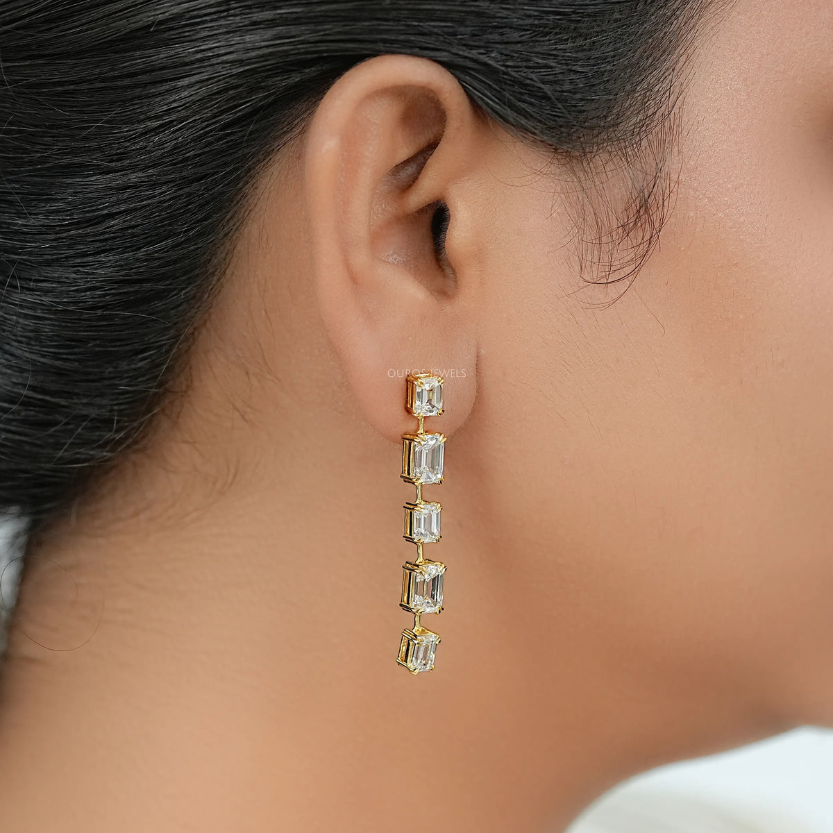 Emerald Lab Diamond Liner Drop Earrings