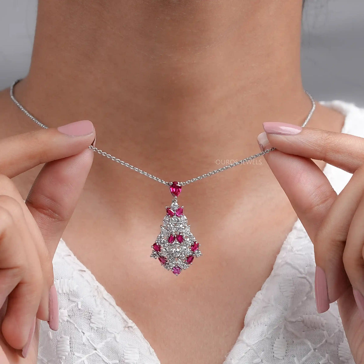 Cluster Diamond And Ruby Pendant Necklaces