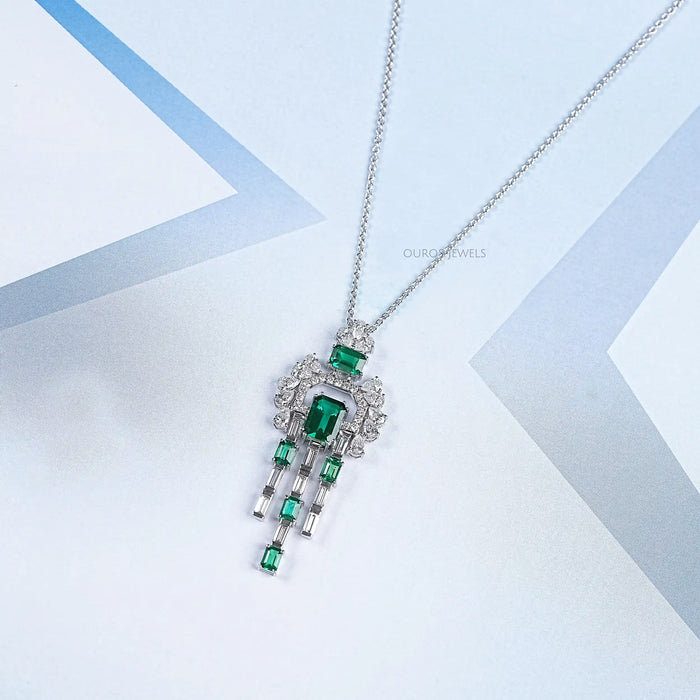 Green Emerald Gemstone and Cluster Diamond Pendant