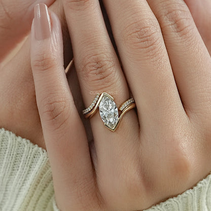 Half Bezel Marquise Lab Diamond Curved Ring Set Rings