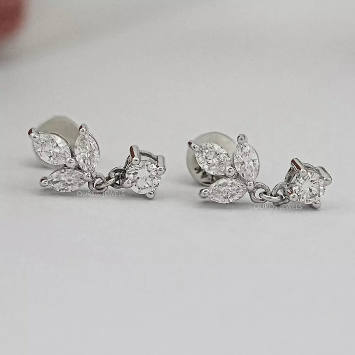 Marquise and Round Cut Diamond Dainty Drop Earrings