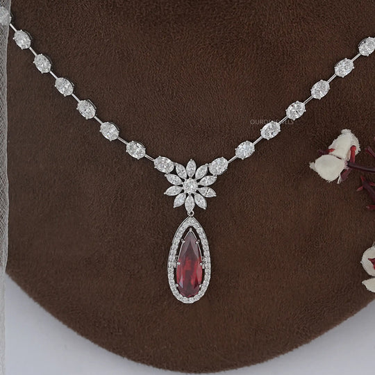 Pear Ruby & Oval Lab Diamond Bridal Necklace With Diamond Accents 